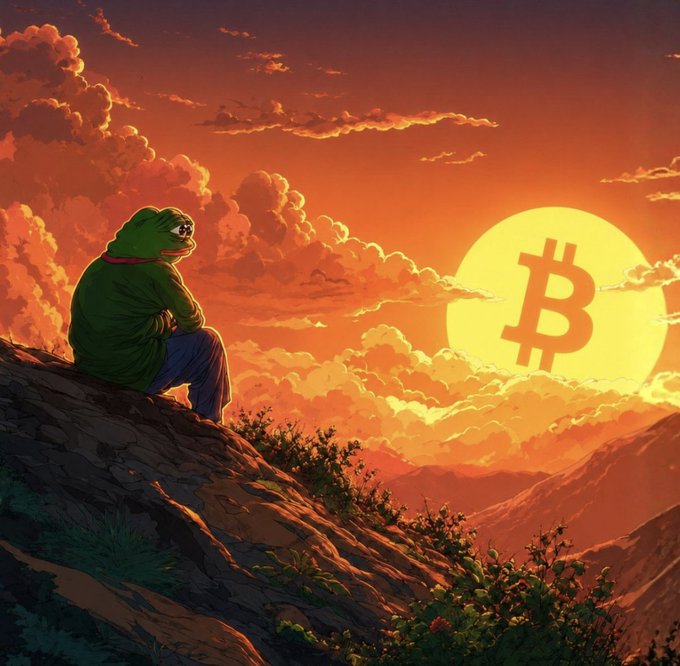An illustrated figure in a green hoodie sits on a rocky outcrop watching a sunset where the sun is replaced by a large Bitcoin '₿' symbol.