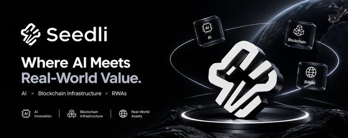 A promotional banner for Seedli reading 'Where AI Meets Real-World Value,' highlighting AI, Blockchain Infrastructure, and RWAs with a stylized 3D logo.