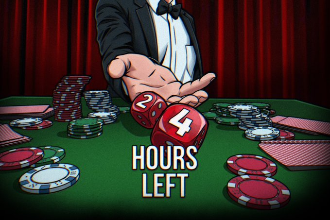 A croupier's hand tosses red dice showing "24" above "HOURS LEFT" text on a green casino table scattered with poker chips. The image visually reinforces the post's countdown urgency, using gambling imagery to hype the $DEGEN token and NFT launch happening in 24 hours.
