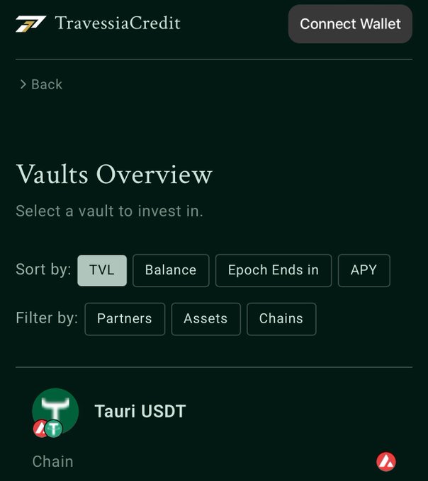 A mobile interface for 'TravessiaCredit' showing a 'Vaults Overview' page with options to sort by TVL, Balance, Epoch Ends in, or APY, and filter by Partners, Assets, or Chains, displaying a 'Tauri USDT' vault.