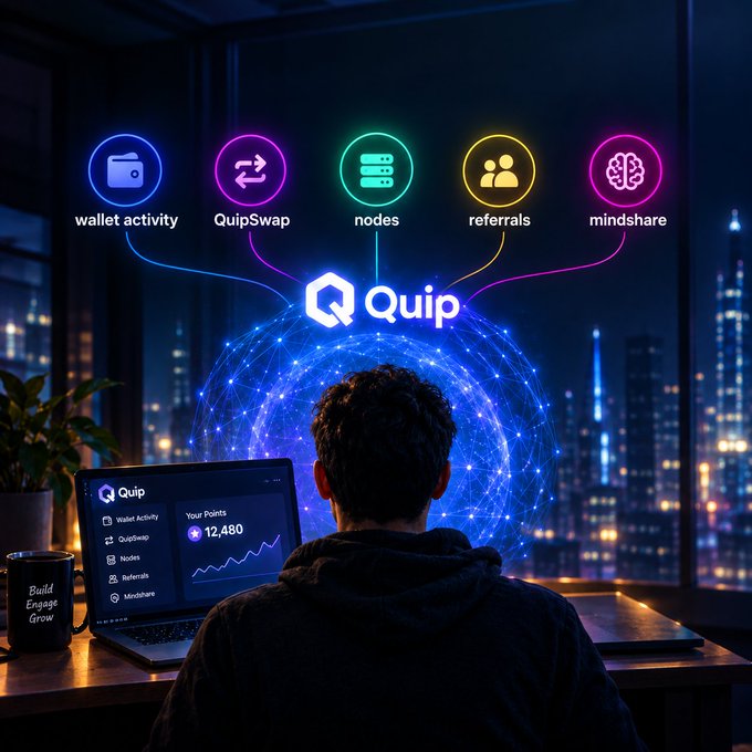 A digital promotional graphic for 'Quip' showing a person at a desk facing a laptop displaying '12,480' points, with neon icons for wallet activity, QuipSwap, nodes, referrals, and mindshare floating above.