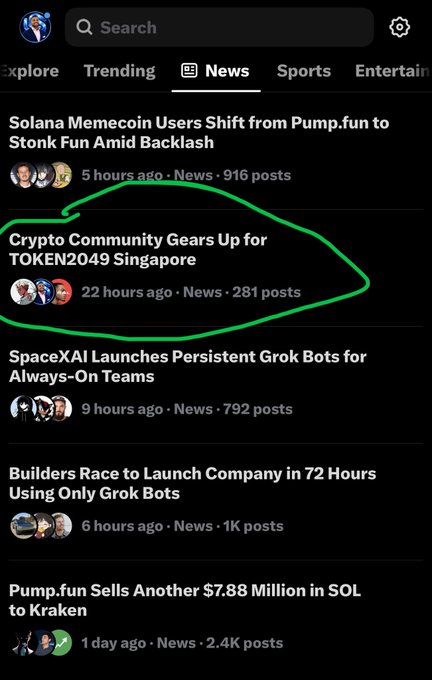 A X (Twitter) news feed with the headline 'Crypto Community Gears Up for TOKEN2049 Singapore' circled in green, alongside other headlines about Solana memecoins, SpaceXAI, and Pump.fun.