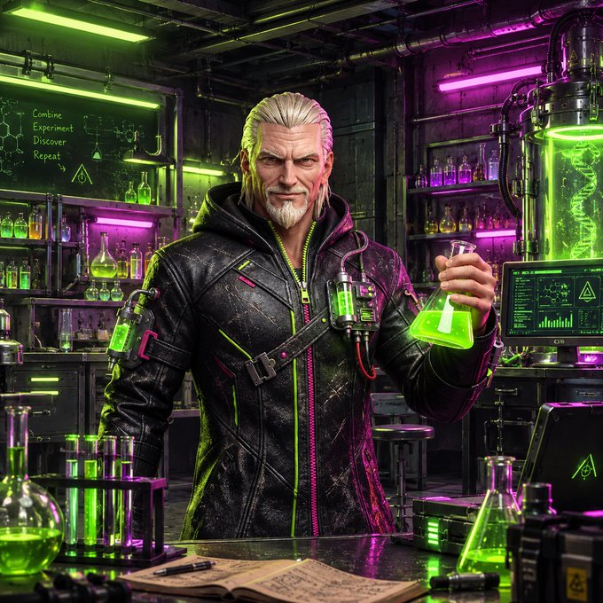 A digital art illustration of a white-haired, bearded man in a black leather jacket holding a glowing green flask in a neon-lit laboratory, with a chalkboard reading 'Combine, Experiment, Discover, Repeat.'