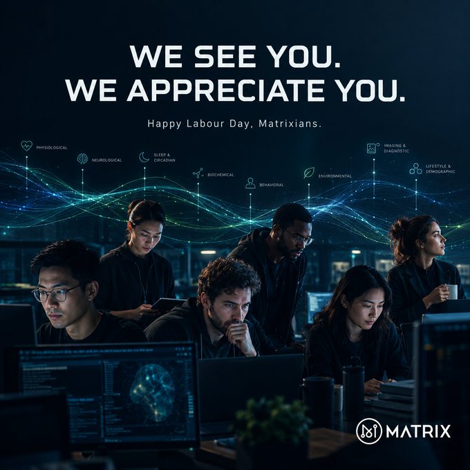 The image is a dark, cinematic promotional graphic featuring a diverse group of six professionals working intently at computer monitors in a dimly lit tech environment, surrounded by glowing wave-like data visualizations and labeled icons representing physiological, neurological, sleep & circadian, biochemical, behavioral, environmental, imaging & diagnostic, and lifestyle & demographic factors—suggesting a focus on holistic health and human biology. Bold white text at the top reads "WE SEE YOU. WE APPRECIATE YOU. Happy Labour Day, Matrixians," while the Matrix logo appears in the bottom right corner. The image ties directly to the accompanying post, which personifies the body's tireless, unpaid labor as a metaphor for the dedication of the Matrix team and community ("Matrixians"), with the team's collective focus and expertise mirroring the body's continuous, behind-the-scenes work in sustaining life.