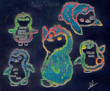 A colorful chalkboard drawing features stylized cartoon characters labeled 'ZANGU', 'ZAMIRA', and 'BAKABONGO' alongside other creatures.
