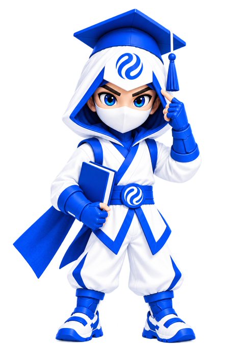 A stylized blue-and-white masked character in a graduation cap and robe holds a book and diploma tassel, with a swirl emblem on the hood and belt.