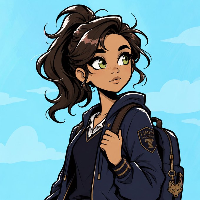 Cartoon illustration of a tanned girl with green eyes and a high ponytail wearing a navy 'Limen Academy' hoodie and backpack, set against a blue sky background.
