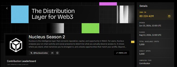 A webpage for 'Nucleus Season 2', described as 'The Distribution Layer for Web3', showing details like '8D 22H 42M' until close, 5,000 total and direct spots, and a Contribution campaign type.