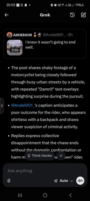 A screenshot of the Grok AI app showing an analysis of a post by "ANDERSON @Andel001" with the caption "I knew it wasn't going to end well," where Grok describes footage of a motorcyclist being followed by a vehicle with "Damn!!" text overlays.