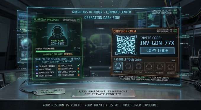 A futuristic command center interface titled 'GUARDIANS OF MIDEN — COMMAND CENTER OPERATION DARK SIDE' displays a Guardian Passport, mission fragments, and a QR invite code 'INV-GDN-77X' for assembling a dropship crew.