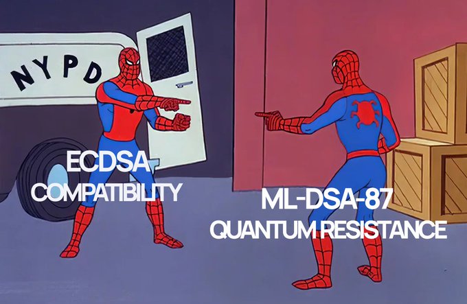 A meme image showing two Spider-Man characters pointing at each other, labeled 'ECDSA COMPATIBILITY' and 'ML-DSA-87 QUANTUM RESISTANCE'.
