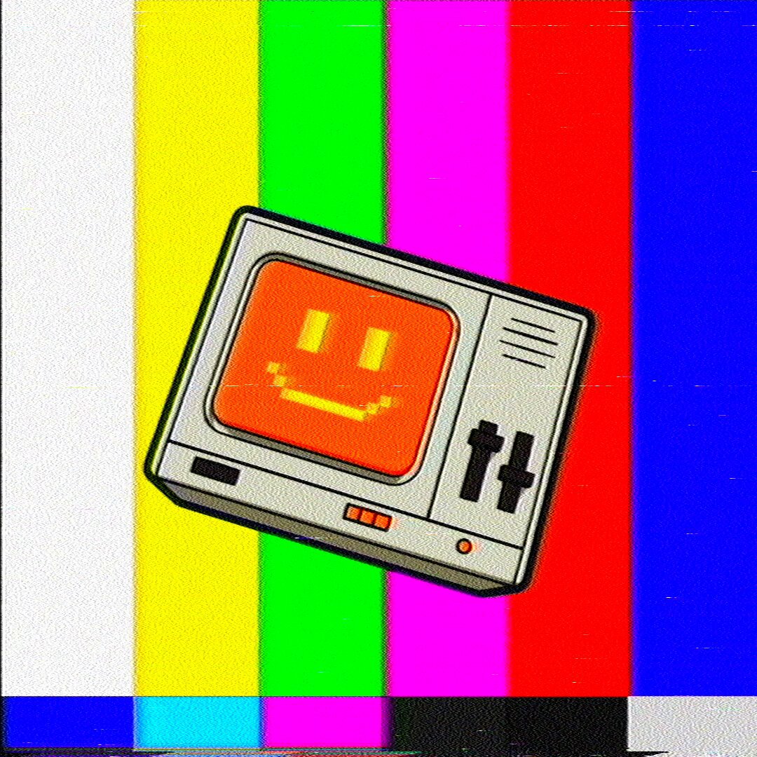 The image features an old television set placed upside down against a colorful background of red, green, yellow, blue, and white stripes. The television has a smiley face drawn on its front panel, adding a playful touch to the scene. The text in the image reads "happy to announce we've completed our first investment through Bankr Fund into @lienfiapp -- onchain tax lien markets, real estate-linked, built on @base". This suggests that someone has invested their money in real estate or other assets and is now celebrating their accomplishment.