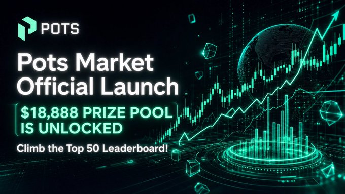 The image shows a colorful graphic design of a business logo for the Pot Market Official Launch event. The logo features an arrow pointing upwards, symbolizing growth or progress, with various elements such as cubes and trading symbols scattered around. It appears that someone has clapped their hands above the logo to emphasize its importance in the context of the launch. The caption below the design congratulates the winners and states that it is locked for a limited time, likely until a specific date.