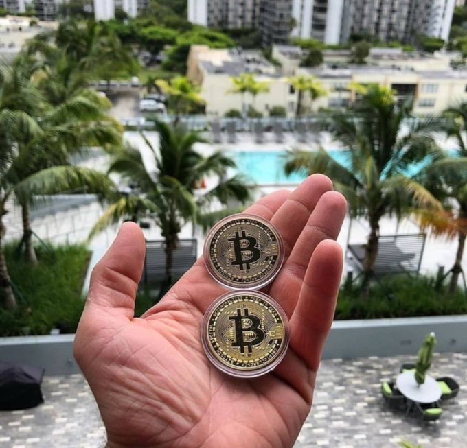 A hand holds two physical Bitcoin commemorative coins on a balcony overlooking a pool and palm trees, visually illustrating the joke that the creator's mom mistakenly believes these novelty tokens are actual Bitcoin (BTC).
