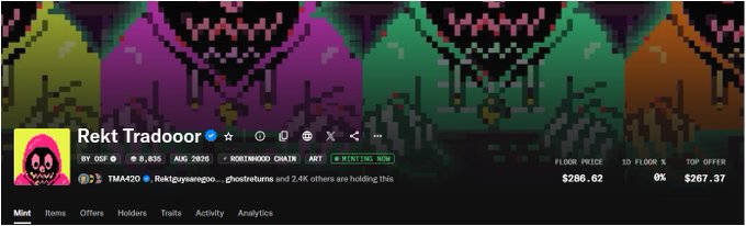 An OpenSea NFT listing for 'Rekt Tradooor' with a floor price of $286.62 and top offer of $267.37, featuring a pixel art reaper skull design.