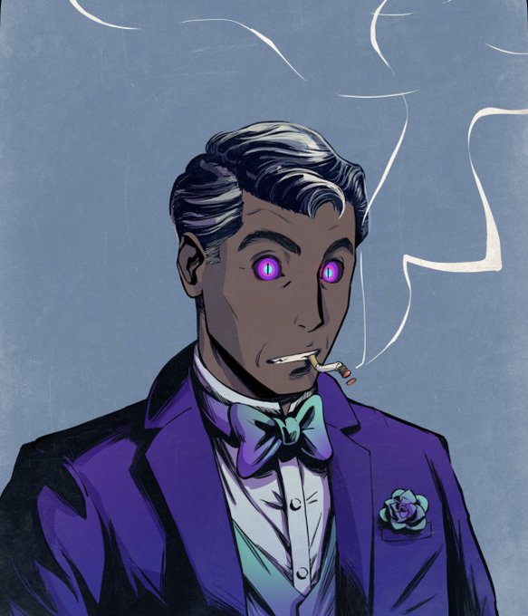 An illustrated man in a purple suit with a bow tie, smoking a cigarette, with glowing pink eyes and a flower in his lapel.