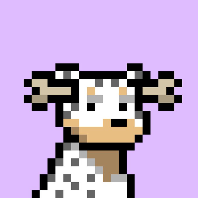 Pixel art of a white and tan cow with horns on a light purple background.