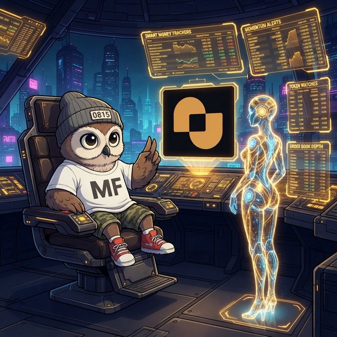 An owl in a “0815” beanie and “MF” tee sits in a futuristic trading console, pointing at holographic panels labeled “SMART MONEY TRACKERS,” “MOMENTUM ALERTS,” “TOKEN WATCHES” and “ORDER BOOK DEPTH” as a glowing AI figure stands nearby. The scene visualizes delegated AI token monitoring, matching the post’s call to give AI tasks rather than just ask questions.