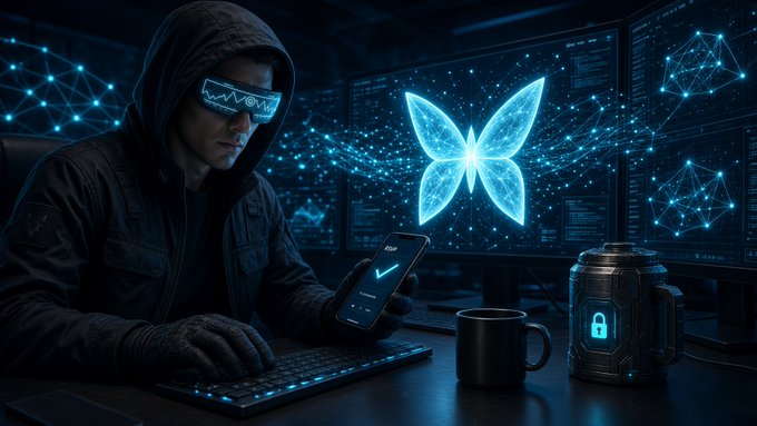 A hooded figure wearing futuristic visor glasses types on a glowing keyboard, with a large blue butterfly-shaped hologram, network data screens, a coffee mug, and a secure canister in the scene.