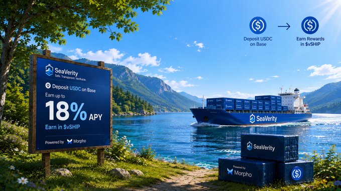 The image shows a SeaVerity billboard advertising "Deposit USDC on Base - Earn up to 18% APY - Earn in $vSHIP" (Powered by Morpho) alongside a container ship and stacked shipping crates, with a diagram showing USDC deposits converting into $vSHIP rewards. This visually reinforces the post's description of depositing USDC on Base into EthraShip Harbor's Half Sail vault to earn $vSHIP rewards with a 50/50 yield split, framing the DeFi yield product with a maritime shipping theme.