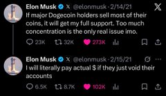 This image shows two tweets from Elon Musk on February 14th and 15th, 2021, discussing Dogecoin holders and concentration, directly supporting the post's title, "The Truth About Elon Musk And Dogecoin."