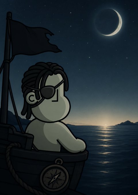 Illustration of a cartoon pirate with dreadlocks and an eye patch sitting in a boat at night, gazing at a crescent moon and moonlit ocean with a compass in the foreground.