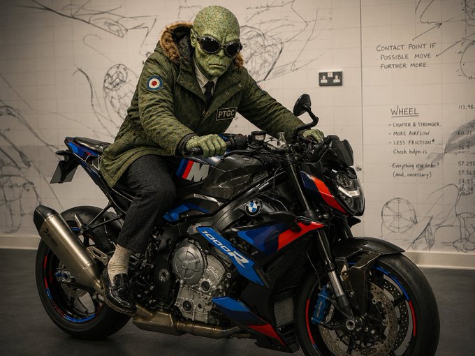 A surreal photograph of a figure wearing a textured alien mask, sunglasses, and a vintage green military jacket sitting on a blue, red, and white BMW motorcycle in front of a wall covered in technical sketches.