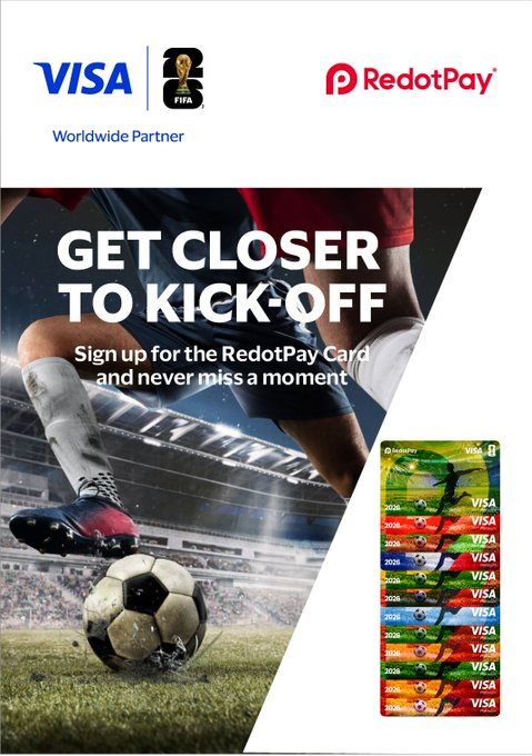A promotional advertisement for RedotPay features the bold headline "GET CLOSER TO KICK-OFF" alongside a dynamic image of a soccer player mid-kick, promoting their new FIFA × Visa collaboration card collection. The ad showcases a stack of twelve colorful, country-themed payment cards (including Ukraine, England, and Germany) available now through their "Worldwide Partner" sponsorship with FIFA and Visa.