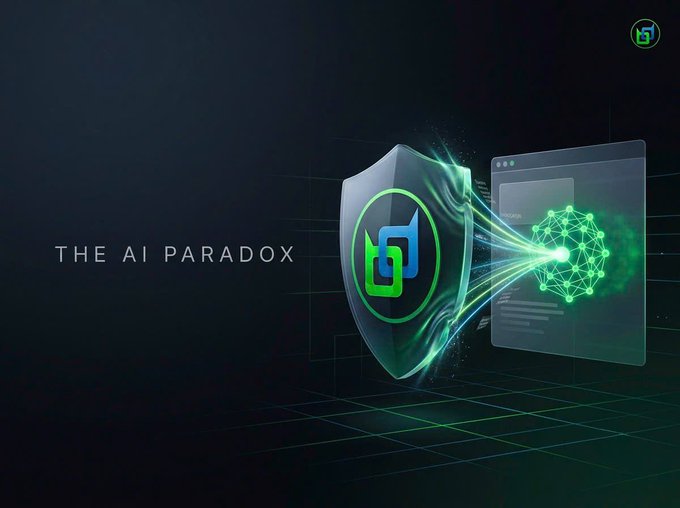 A graphic titled 'THE AI PARADOX' shows a security shield logo protecting an AI brain icon from threats.