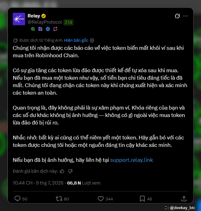 A screenshot of a tweet from @RelayProtocol in Vietnamese warning users that scam tokens are being designed to self-destruct after purchase on Robinhood Chain, advising them to verify tokens via trusted sources and contact support.relay.link if affected.