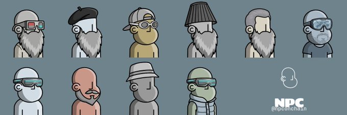 A collection of cartoon-style NPC avatar characters with various accessories like glasses, hats, and beards, labeled 'NPC @npcnchain' in the corner.