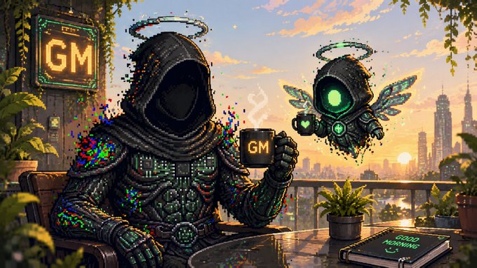 An AI-generated illustration of two hooded cyberpunk figures with halos at a balcony café overlooking a futuristic city at sunset, with a "GOOD MORNING" notebook and "GM" neon signs visible.