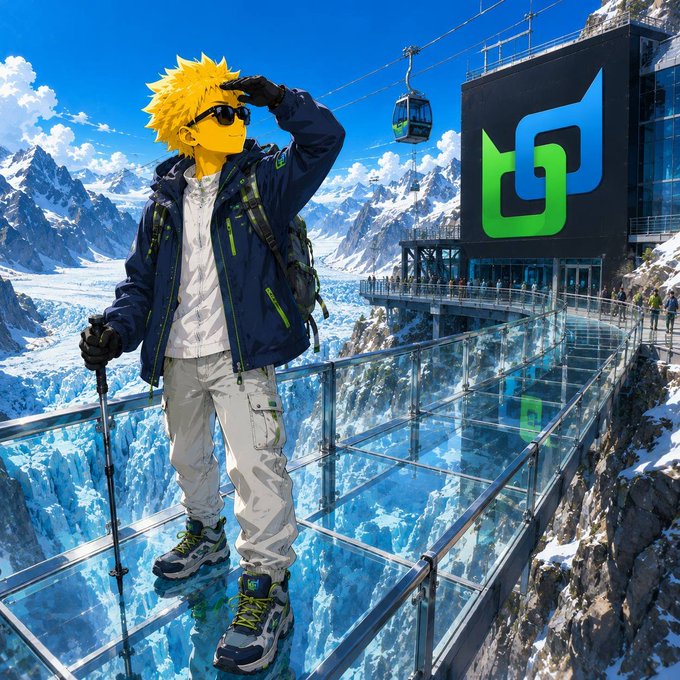 An anime-style yellow-haired character wearing sunglasses and a blue jacket, standing on a glass bridge over a glacier with a building displaying a green and blue logo.
