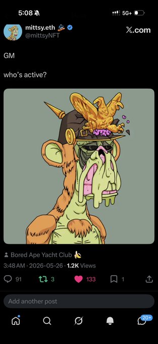 The image features a cartoon monkey wearing sunglasses, goggles, and a helmet with a bird perched on its head. The post includes text that reads "my GM today got 132 likes My Gm last month got 19 (that was my most liked post at the time) It's been a blast showing up everyday and grinding the TL alongside you guys".
