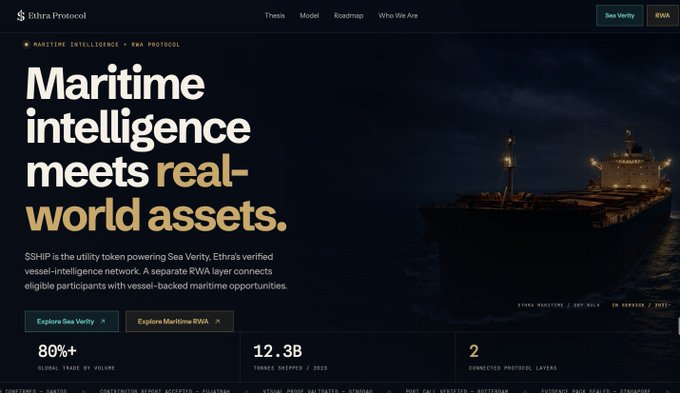 A website screenshot for 'Ethra Protocol' displaying 'Maritime intelligence meets real-world assets' with text about SSHIP token, Sea Verity, and Maritime RWA, featuring a cargo ship image.