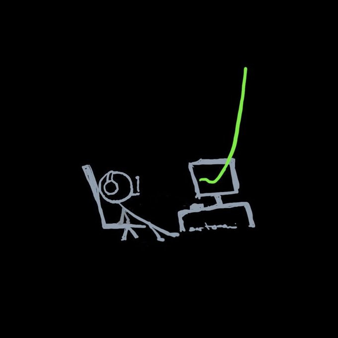 A simple gray line drawing on a black background showing a stick figure wearing headphones seated at a desk with a monitor, featuring a bright green line extending upward from the screen.
