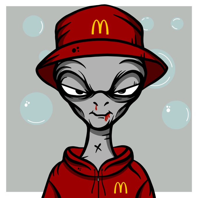 A cartoon-style illustration of a grey alien wearing McDonald's uniform (red bucket hat and hoodie with golden arches logo), featuring menacing eyes and small red marks resembling blood on its face.