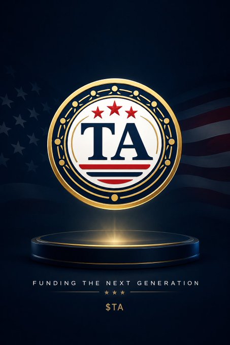 A promotional graphic for the $TA cryptocurrency featuring a gold and navy seal with 'TA' lettering, three red stars, and the tagline 'FUNDING THE NEXT GENERATION' against an American flag background.