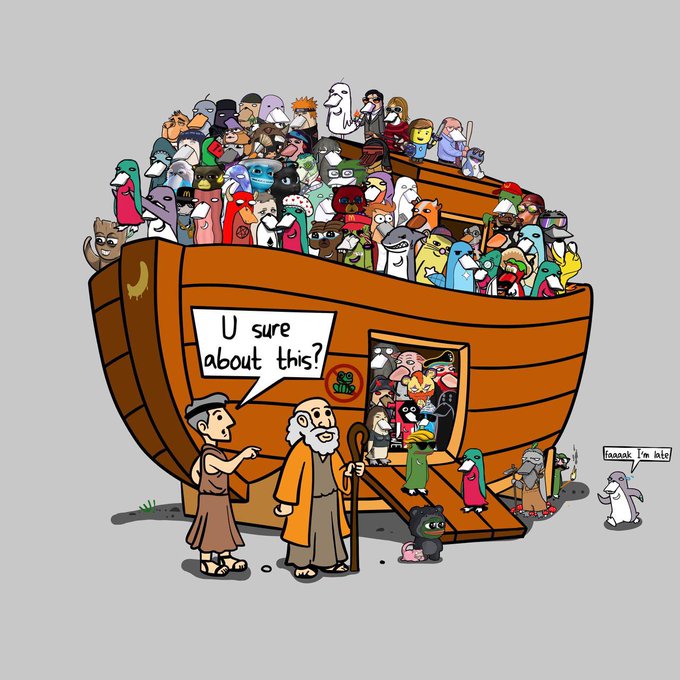 A cartoon depiction of Noah's Ark packed with internet meme characters and animals, with Noah asking 'U sure about this?' while a penguin says 'aaaaak i'm late'.