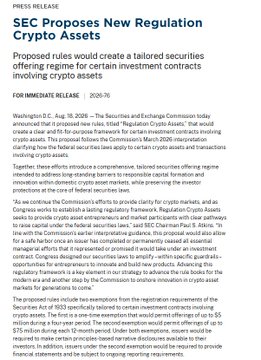 A press release titled 'SEC Proposes New Regulation Crypto Assets' dated Aug. 16, 2020, discussing proposed rules for tailored securities offering regime including crypto assets.