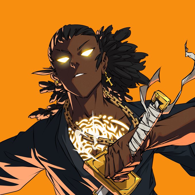 An anime-style illustration of a dark-skinned character with glowing yellow eyes, a gold chain, and feathered hair, holding a sword wrapped in white cloth against an orange background.