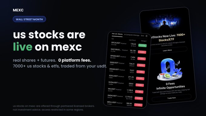 The image shows a phone screen displaying an advertisement for US stocks, encouraging users to invest by listing the current prices of various stock symbols (including a blue one). The text emphasizes that US stocks are real shares, offer future gains or losses, have fees, and can be bought on Exchange, including cryptocurrencies.