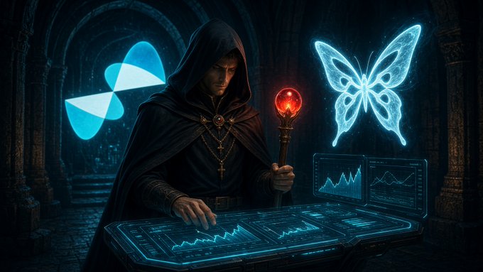 Fantasy scene of a hooded figure holding a glowing red staff, surrounded by digital trading charts, a glowing butterfly, and a butterfly-shaped logo.