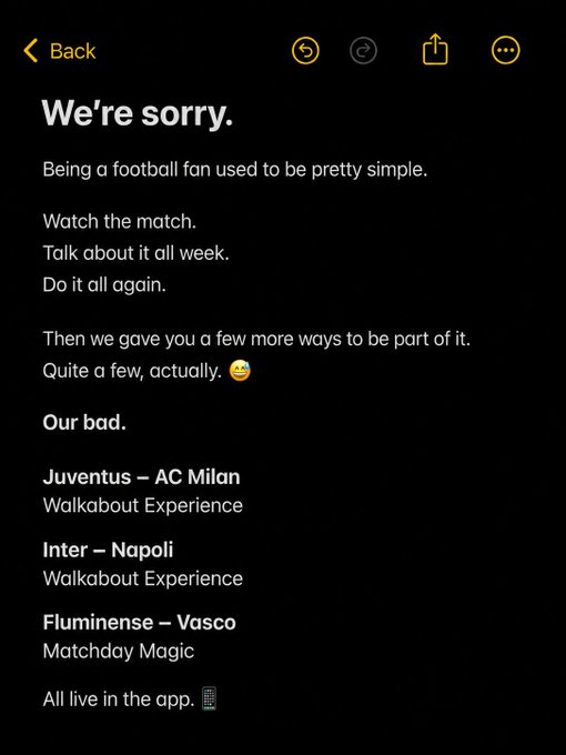 A "We're sorry." Apple Notes page humorously apologizes for overloading football fans with extra content, listing overwhelmed experiences like "Juventus – AC Milan Walkabout Experience" and "Inter – Napoli Walkabout Experience" alongside "Fluminense – Vasco Matchday Magic."