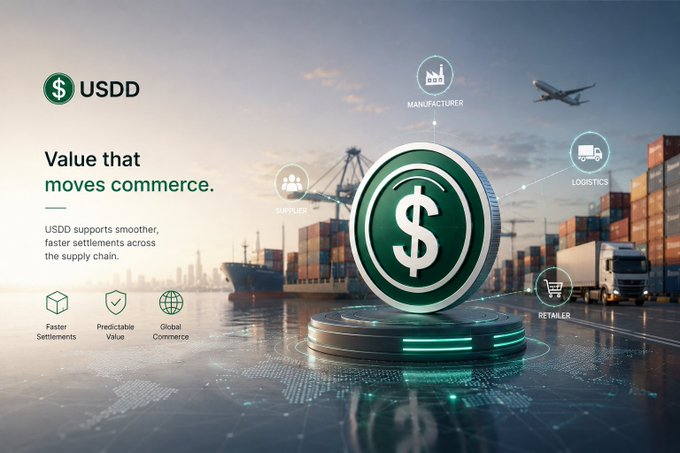 A promotional graphic for USDD stablecoin with the tagline 'Value that moves commerce,' showing a large green dollar coin surrounded by icons for Supplier, Manufacturer, Logistics, and Retailer against a shipping port backdrop.