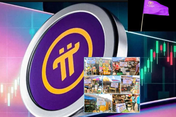 The image features a large Pi Network coin logo alongside candlestick chart patterns and a purple flag, symbolizing cryptocurrency trading activity, while a photo collage in the corner shows community pioneers receiving external linking codes and promoting Pi at various kiosks—illustrating the post's narrative about early adopters preparing to withdraw and transfer Pi coins after the network opened in February 2025.