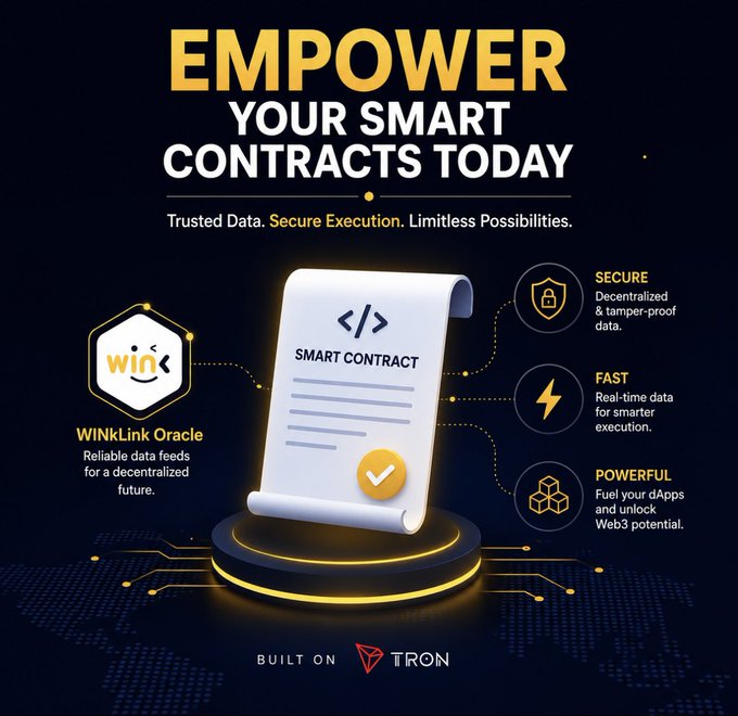 Promotional graphic reading 'EMPOWER YOUR SMART CONTRACTS TODAY - Trusted Data. Secure Execution. Limitless Possibilities' featuring a smart contract scroll and highlighting WinkLink Oracle as 'SECURE', 'FAST', and 'POWERFUL', built on Tron.