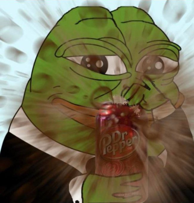 A meme image of Pepe the Frog holding and appearing to drink from a red Dr Pepper can, with an explosive background effect.