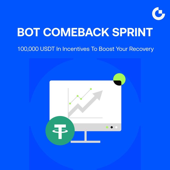 The promotional graphic announces the "Bot Comeback Sprint," offering 100,000 USDT in incentives to boost recovery, featuring a computer monitor displaying an upward trending chart alongside a Tether (USDT) coin icon on a blue background, visually reinforcing the post's message about earning USDT rewards through trading bots.