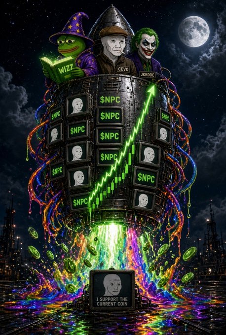 A surreal, vibrant digital artwork showing three character heads (labeled 'WIZZ', 'CEVO', 'JKROC') atop a tower of monitors displaying '$NPC' and NPC face icons, with a green chart arrow rising into a night sky, and text reading 'I SUPPORT THE CURRENT COIN'.